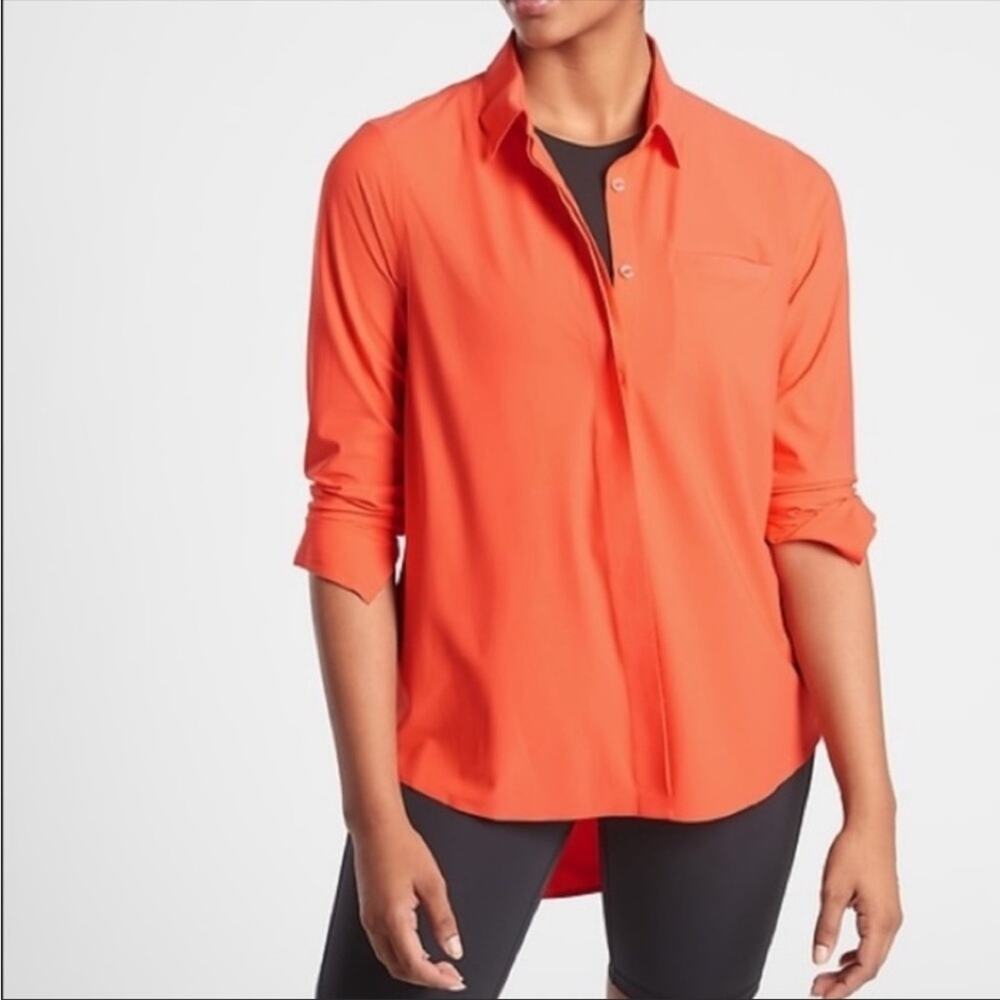 New Athleta Urbanite UPF 50 Orange Long Sleeve Button Down Stretch Breathable XS